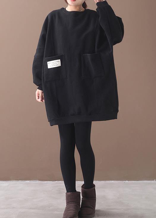 Handmade two pockets Cotton o neck clothes For Women Shape black Dresses